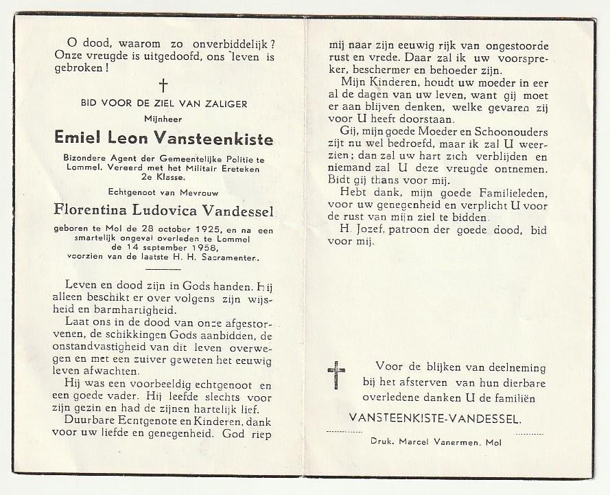 Emiel VANSTEENKISTE Mol ongeval Lommel Agent politie 1958, Collections, Images pieuses & Faire-part, Envoi