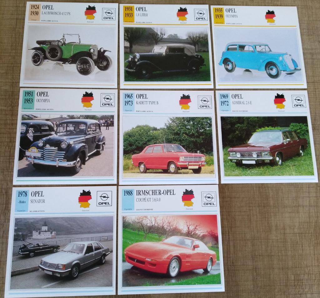8 verzamelkaarten: automerk Opel, Verzamelen, Automerken, Motoren en Formule 1, Zo goed als nieuw, Auto's, Ophalen of Verzenden