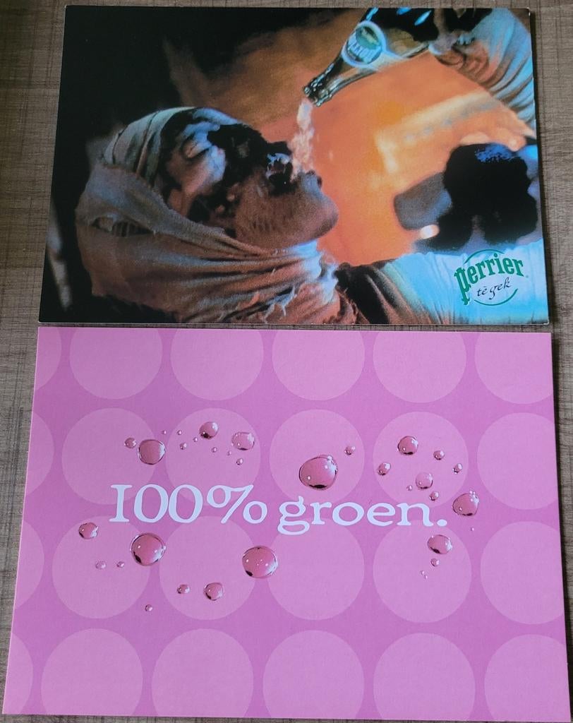 2 Reclamekaarten/ postkaarten: Perrier, Verzamelen, Ophalen of Verzenden, Zo goed als nieuw, Overige typen