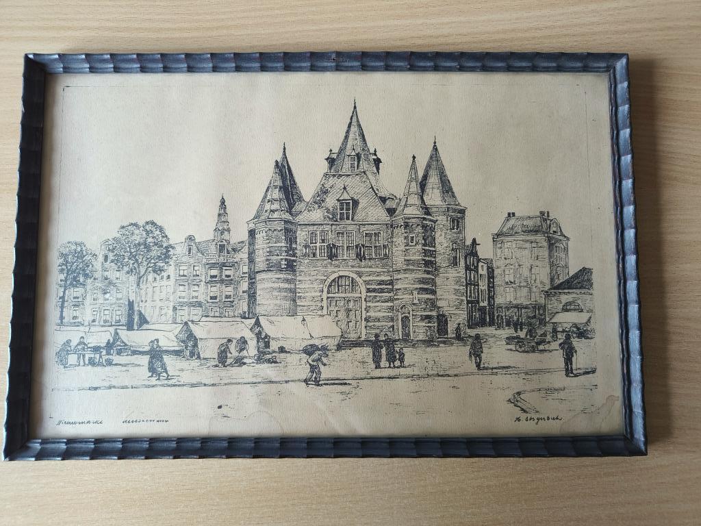 Antieke Ets Nieuwmarkt kunstenaar?, Ophalen of Verzenden