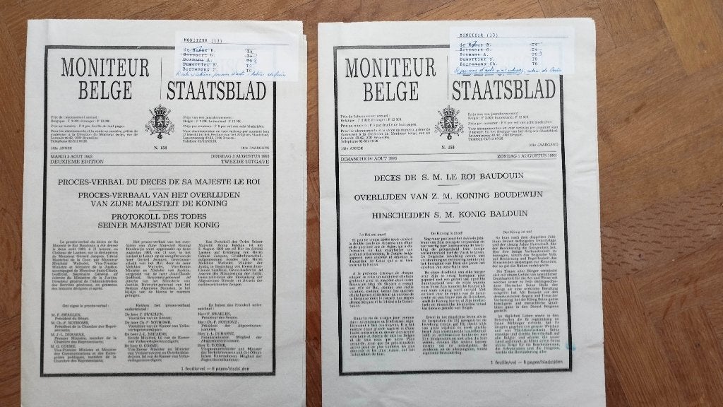 Moniteur Belge 1 et 3 août Mort du Roi Baudouin 1993, Collections, Enlèvement ou Envoi, Comme neuf, Magazine ou livre