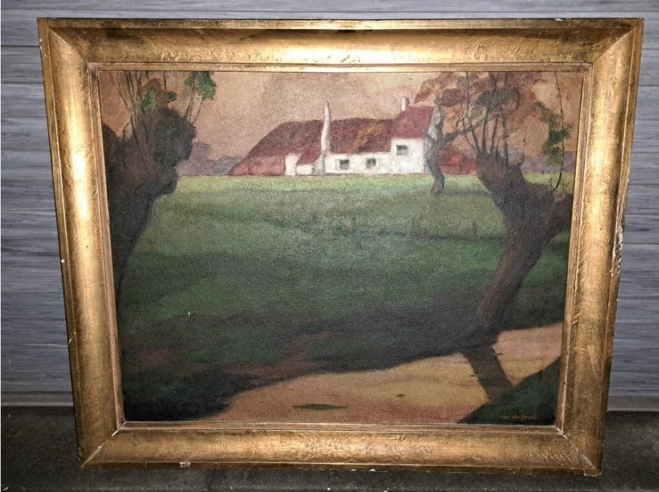 huile sur toile paysage avec maison signe, Enlèvement ou Envoi, Paysage, Toile