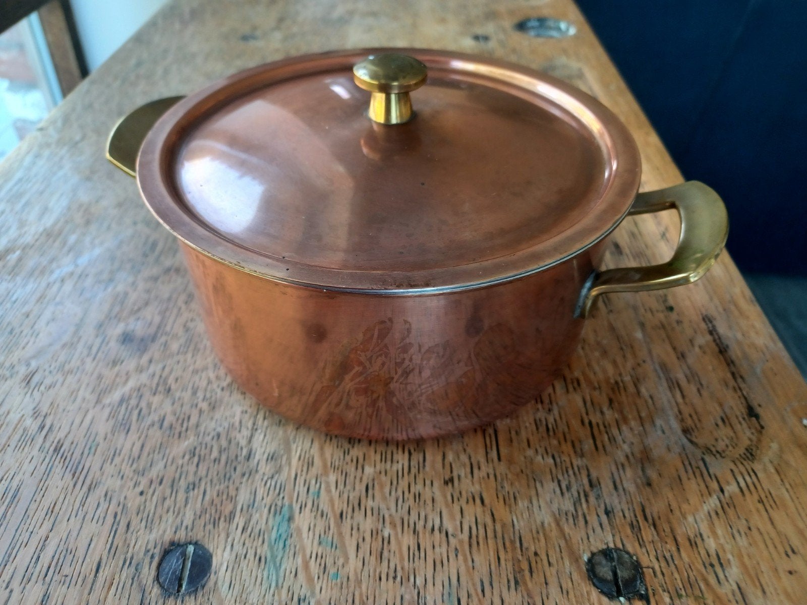 Koperen kookpot met deksel diameter 16 cm gewicht 1kg130gr, Ophalen of Verzenden