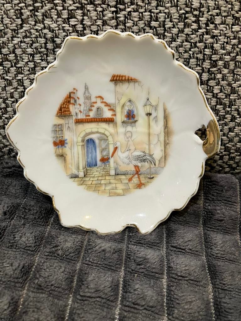 Vintage bordje aankondiging geboorte baby ooievaar, Antiek en Kunst, Ophalen of Verzenden