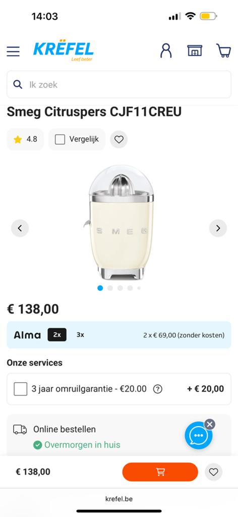 Ongeopende SMEG citrusperser beige, Ophalen, Nieuw, Citruspers