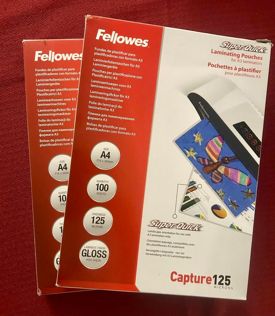 Lot pochettes à plastifier Fellowes – A4 (plastifieuse A3), Enlèvement ou Envoi, Neuf