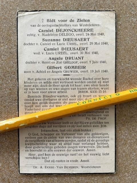 5 Oorlogsslachtoffers van Westvleteren MEI/Juni  1940, Verzamelen, Ophalen of Verzenden, Bidprentje