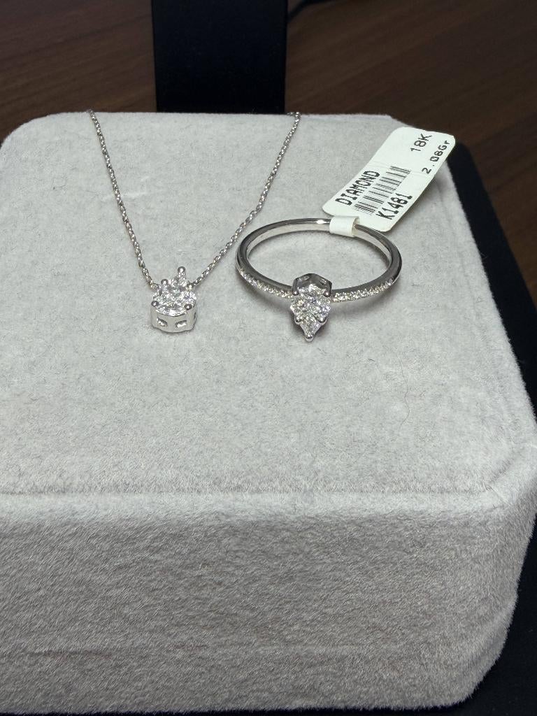 Bague + Pendentif OR18K Diamants Naturels + Certificat, Handtassen en Accessoires, Ringen, Nieuw, Dame, Goud, Goud, Met edelsteen