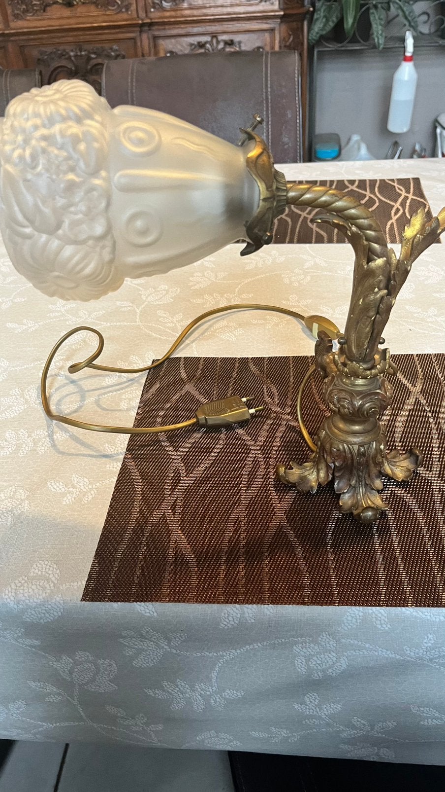 Vintage Bronzen Pianolamp met Matglazen Reliëfkap (Art Deco), Huis en Inrichting, Ophalen, Gebruikt, Metaal