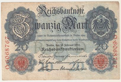 Deutsche Mark 20-bankbiljet 1914 - Zeer goede staat, Ophalen of Verzenden, Duitsland