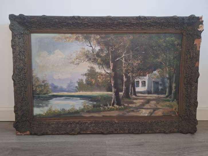 Set van 2 grote schilderijen - Landschap met huis en bos, Antiquités & Art, Art | Peinture | Classique, Enlèvement ou Envoi, Peinture à l'huile