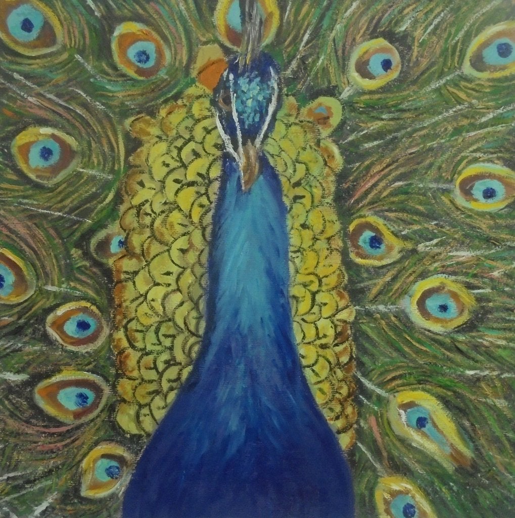 3D olieschilderij pauw (30x30x4cm), Ophalen of Verzenden, Gesigneerd, Olieverf, Dieren