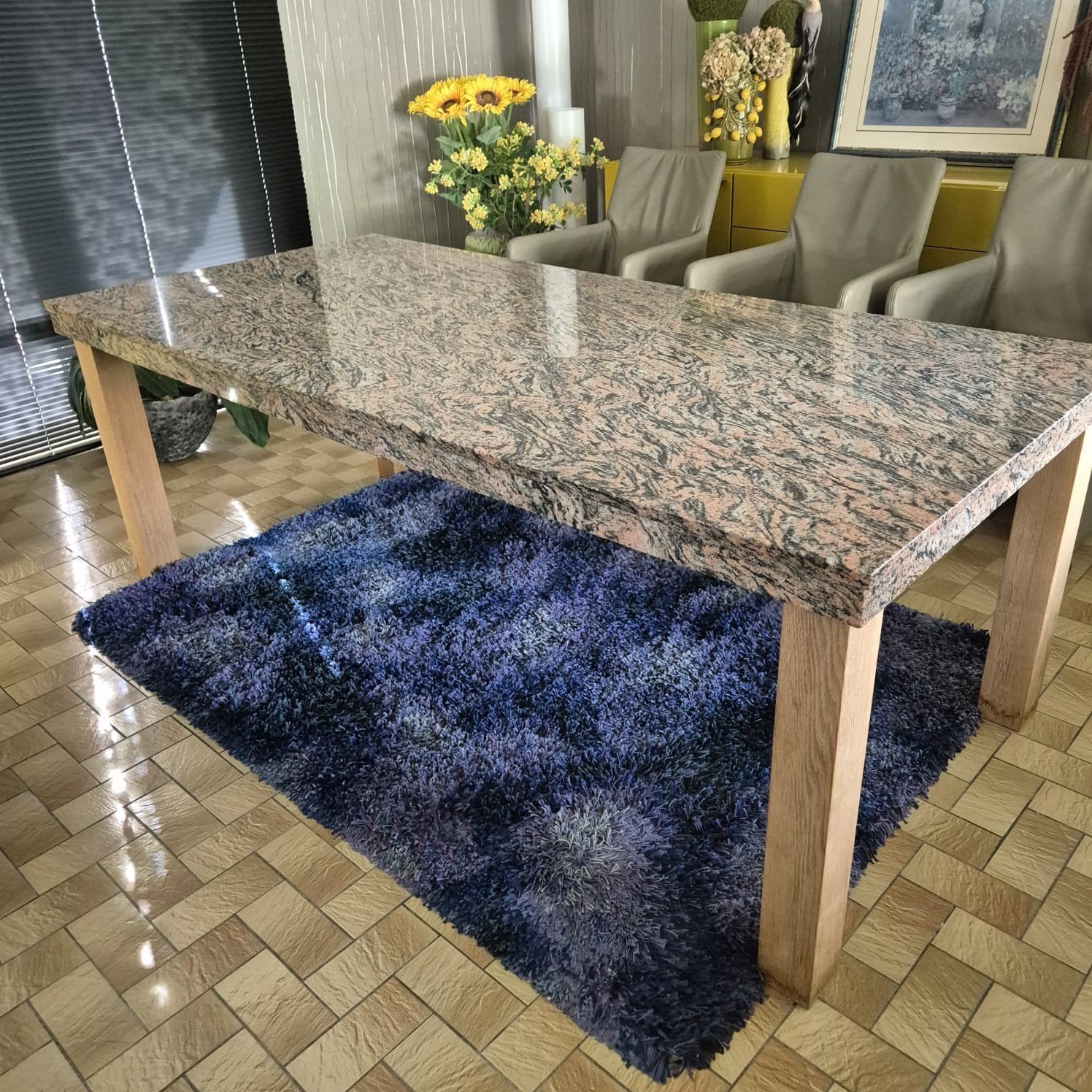Grote eettafel met massief Juparana Pink Granite blad - 210, Enlèvement