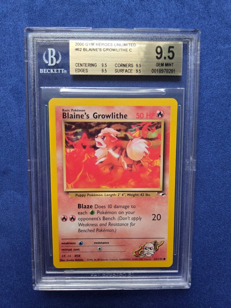 2000 Gym Heroes Blaine's Growlithe #62/132 | BGS 9.5, Ophalen of Verzenden, Zo goed als nieuw, Losse kaart