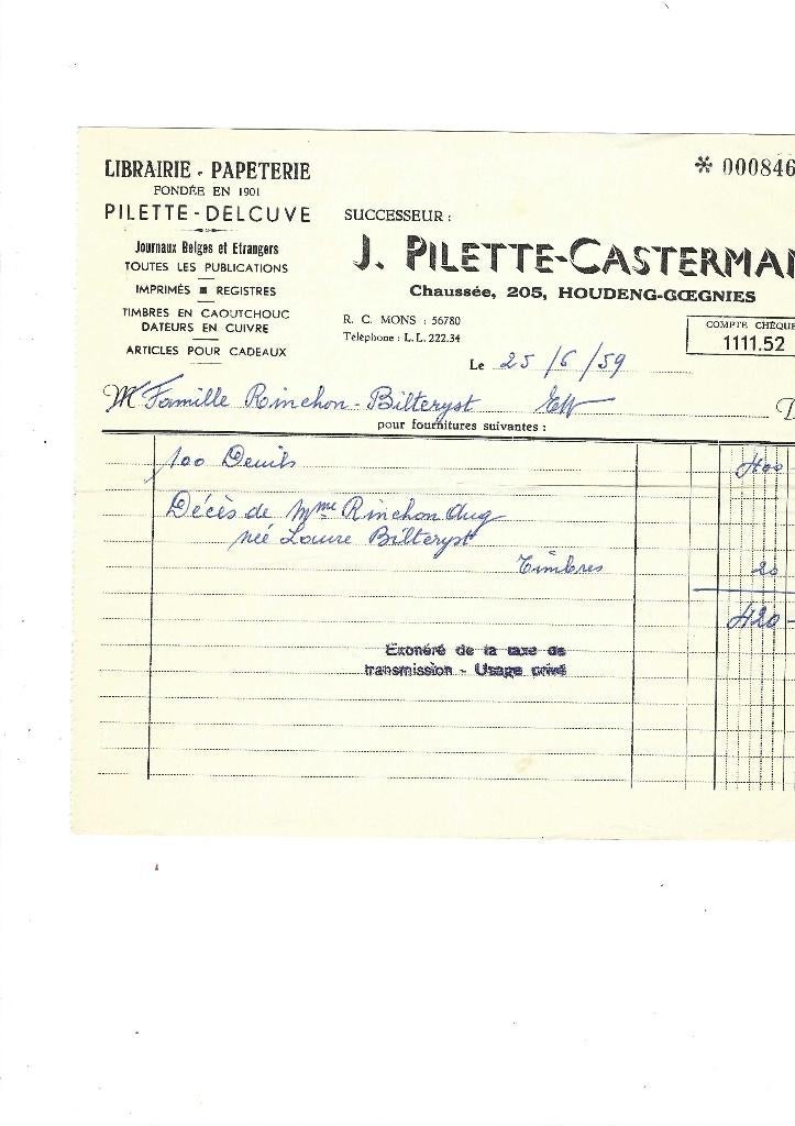Ancienne facture 1959, Collections, Enlèvement ou Envoi, Utilisé