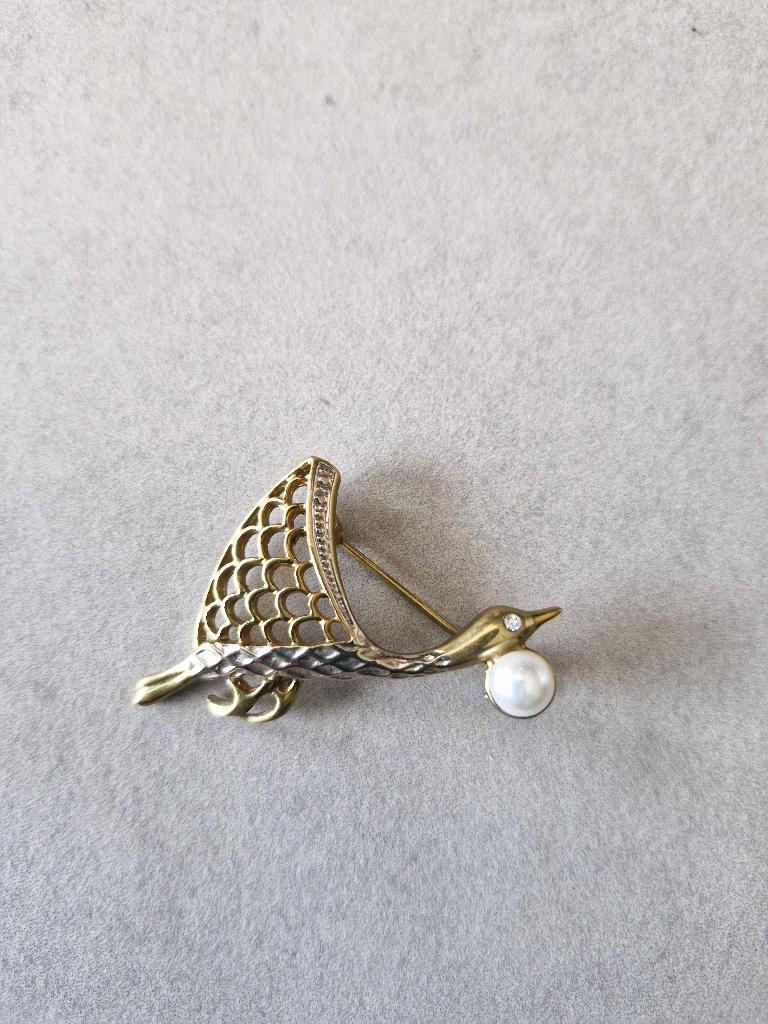 goudkleurige broche in de vorm van een vogel met parel, Bijoux, Sacs & Beauté, Broches, Or, 4 à 7 cm, Cuivre, Avec perle
