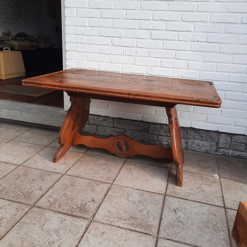 vintage salontafel met 2 bijpassende zetels, Ophalen, Gebruikt, Rechthoekig, Eikenhout