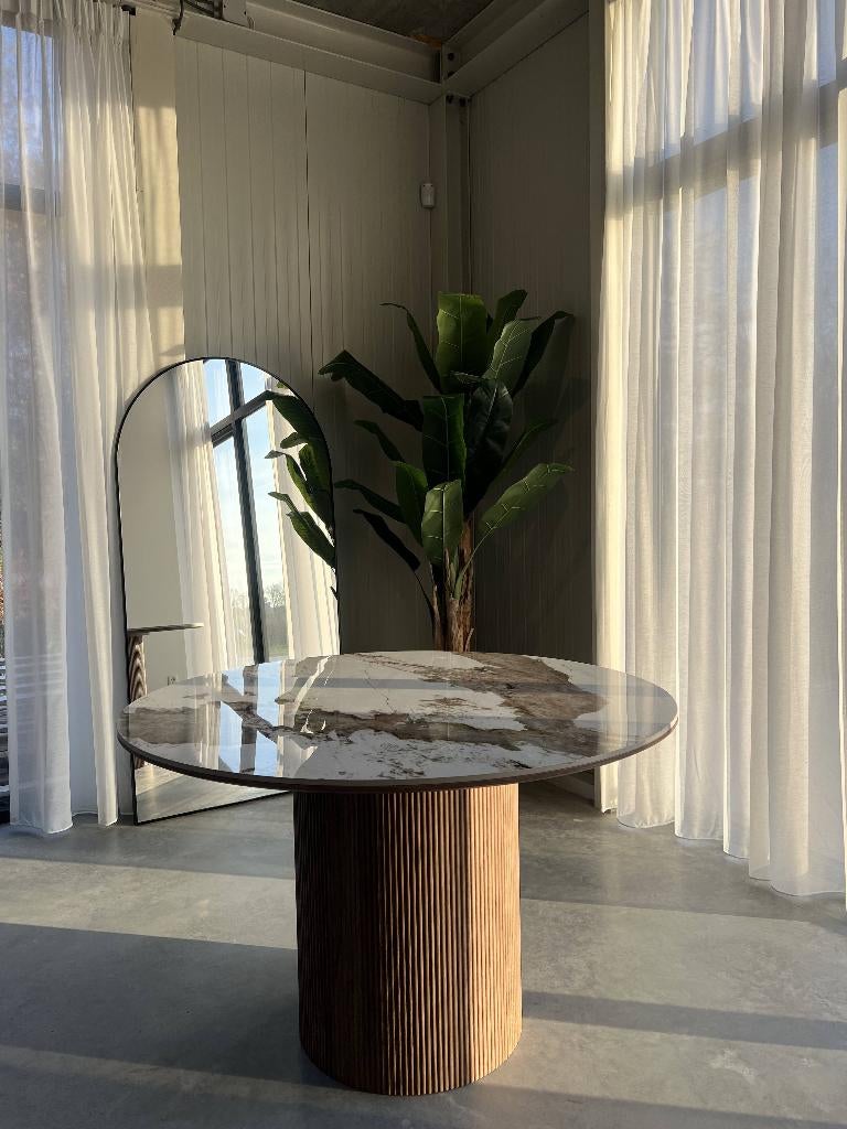 Eettafel Japandi Stijl Rond Wit/Bruin, Huis en Inrichting, Tafels | Eettafels, Japandi, Rond, Nieuw, Ophalen of Verzenden