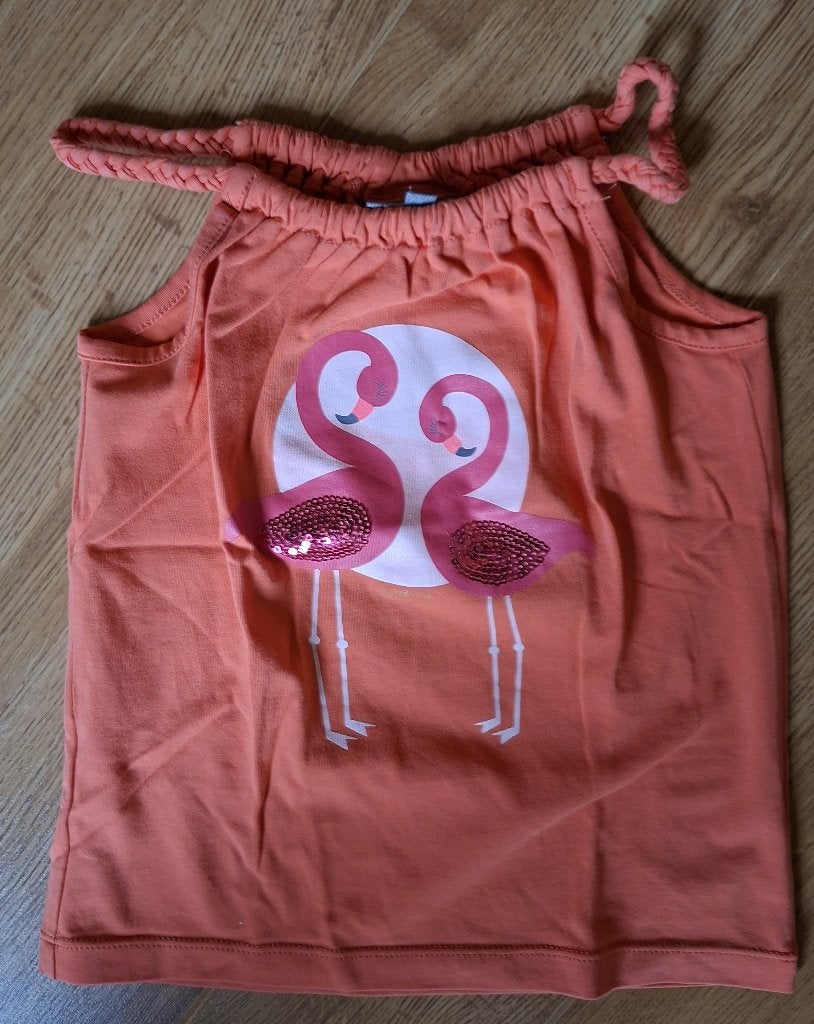 JBC oranje topje flamingo 116, Kinderen en Baby's, Kinderkleding | Maat 116, Gebruikt, Meisje, Ophalen of Verzenden, Shirt of Longsleeve