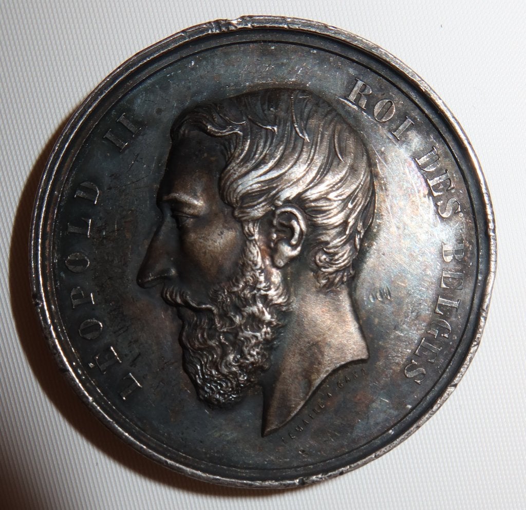 Antiek Belgische zilveren Penning met Leopold 2, Jaar 1872, Antiek en Kunst, Ophalen, Zilver