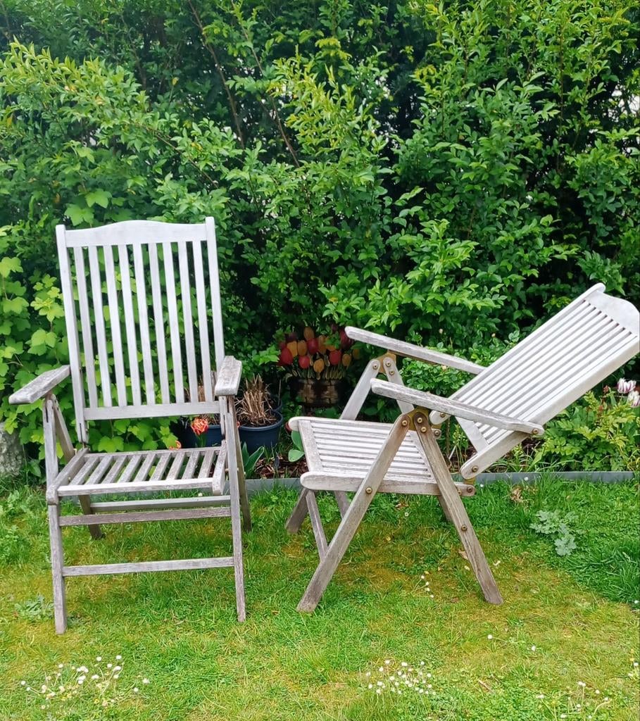 Teaken relax stoelen - 45€ stuk, 2 stuks beschikbaar, Tuin en Terras, Ophalen