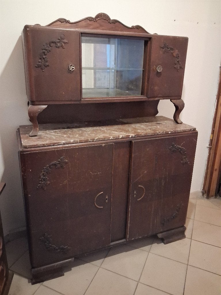 vintage retro , kast met vitrine marmer tablet 180x130x48 cm, Ophalen, Gebruikt