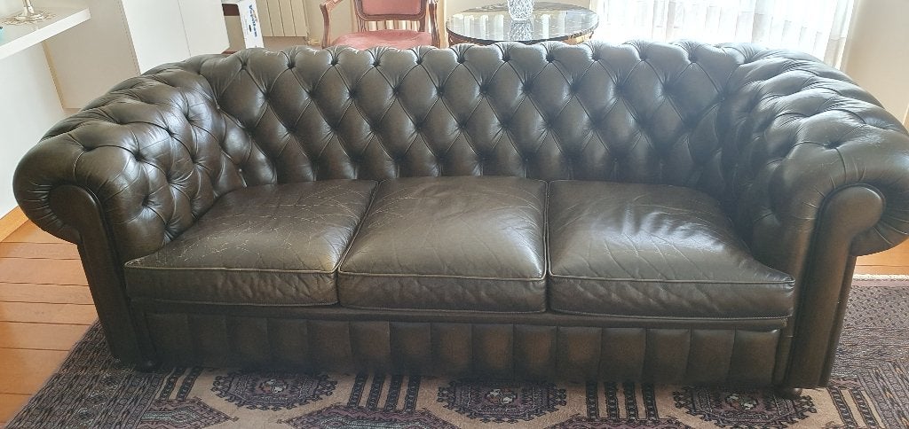 Chesterfield, Huis en Inrichting, Zetels | Zetels, Gebruikt, Rechte bank, Driepersoons, 200 tot 250 cm, 75 tot 100 cm, Hout, Leer