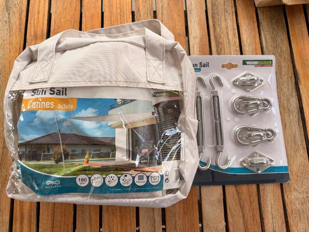 Sun sail 3x3x3m sand + bevestigingsset, Enlèvement, Comme neuf