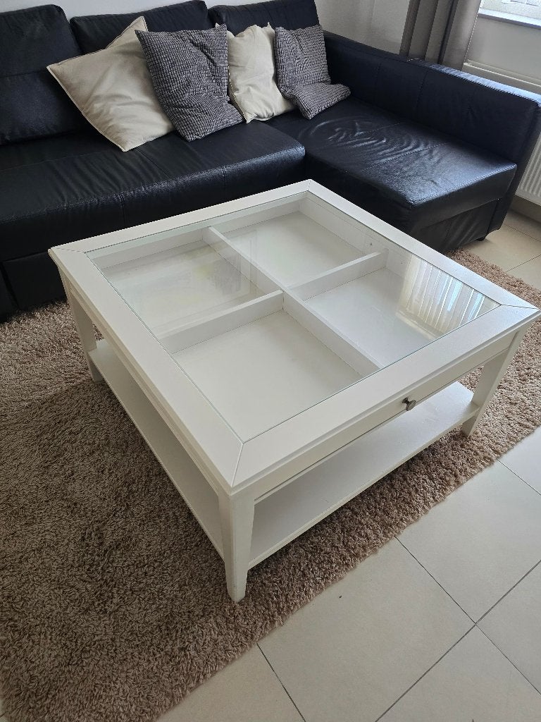 Massieve salontafel met lade en glazenblad, Huis en Inrichting, Tafels | Salontafels, Ophalen, Gebruikt, 50 tot 100 cm, Vierkant