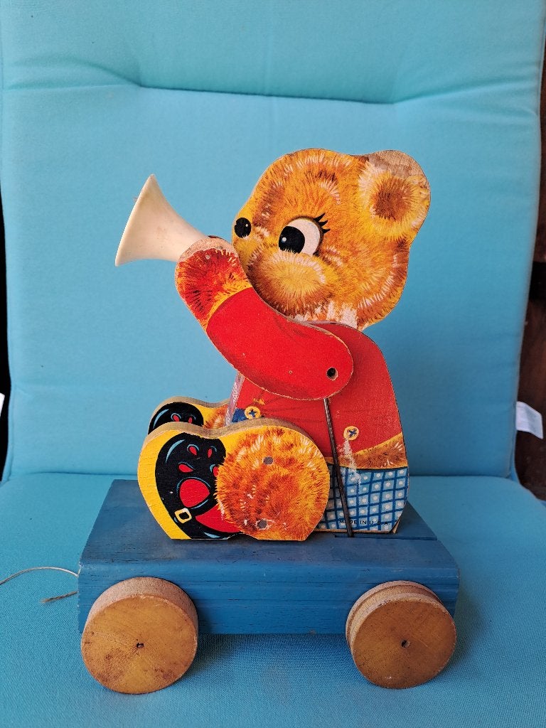 vintage Teddy Tooter, Ophalen, Gebruikt, Duw- of Trekspeelgoed