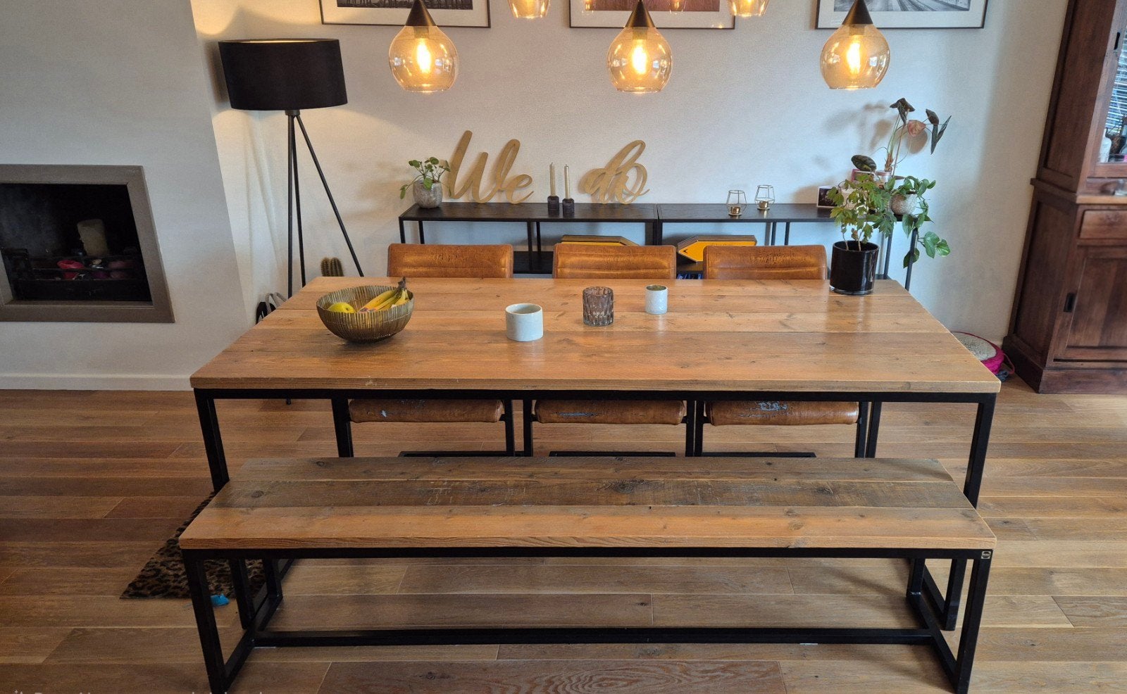 Mooie houten tafel + zitbank, Ophalen, Rustiek  modern, Eikenhout, 50 tot 100 cm