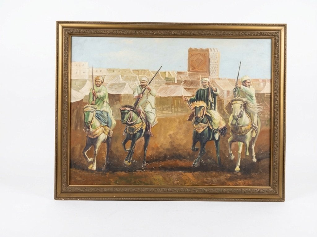 Tableau huile sur toile Orientaliste Fantasia Cavalier, 125 cm ou plus, Enlèvement, Utilisé, Peinture
