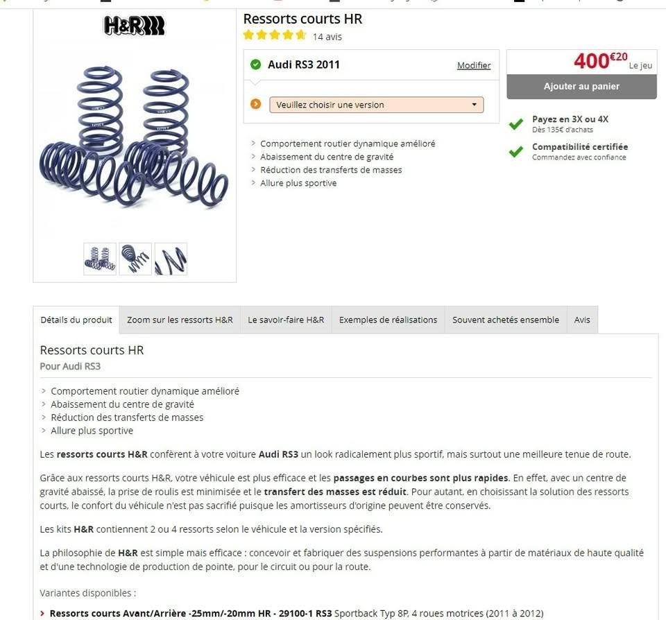 RESSORTS H&R - AUDI RS3 8P, Autos : Pièces & Accessoires, Enlèvement, Audi