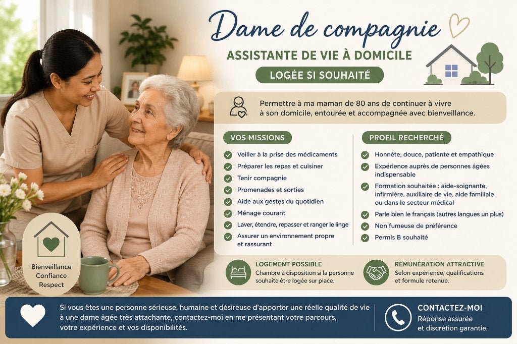 Dame de compagnie (logement possible) – Hoeilaart, Vacatures, Vacatures | Gezondheidszorg