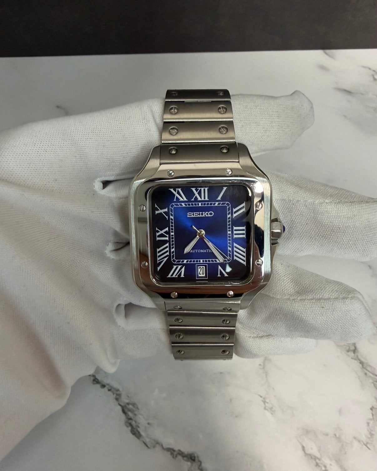 Seiko Mod Automatic – Vierkant – Blauwe wijzerplaat – Nieuw, Staal, Polshorloge, Nieuw, Ophalen of Verzenden