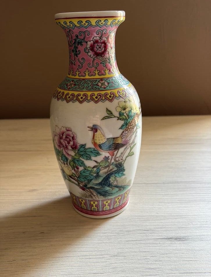 Vintage Chinese Famille Rose Vaas – Vogel & Pioenroos, Ophalen of Verzenden