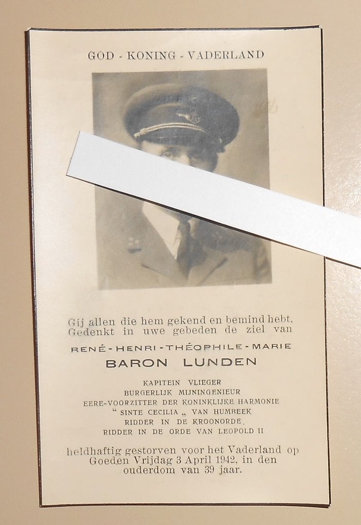 Pilote Belge 1940-45 Baron Lunden 3.4. 1942 Crash RAF, Enlèvement ou Envoi, Image pieuse
