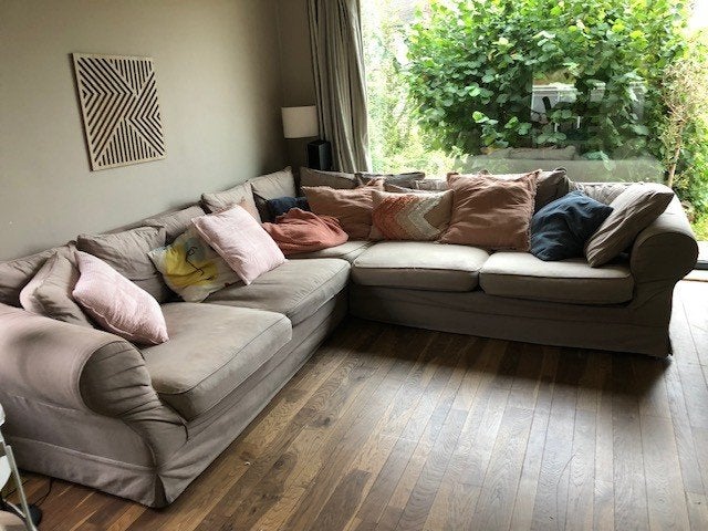 grote comfortabele hoekzetel goede kwaliteit, Huis en Inrichting, Zetels | Complete zithoeken, Ophalen, Gebruikt, Hout