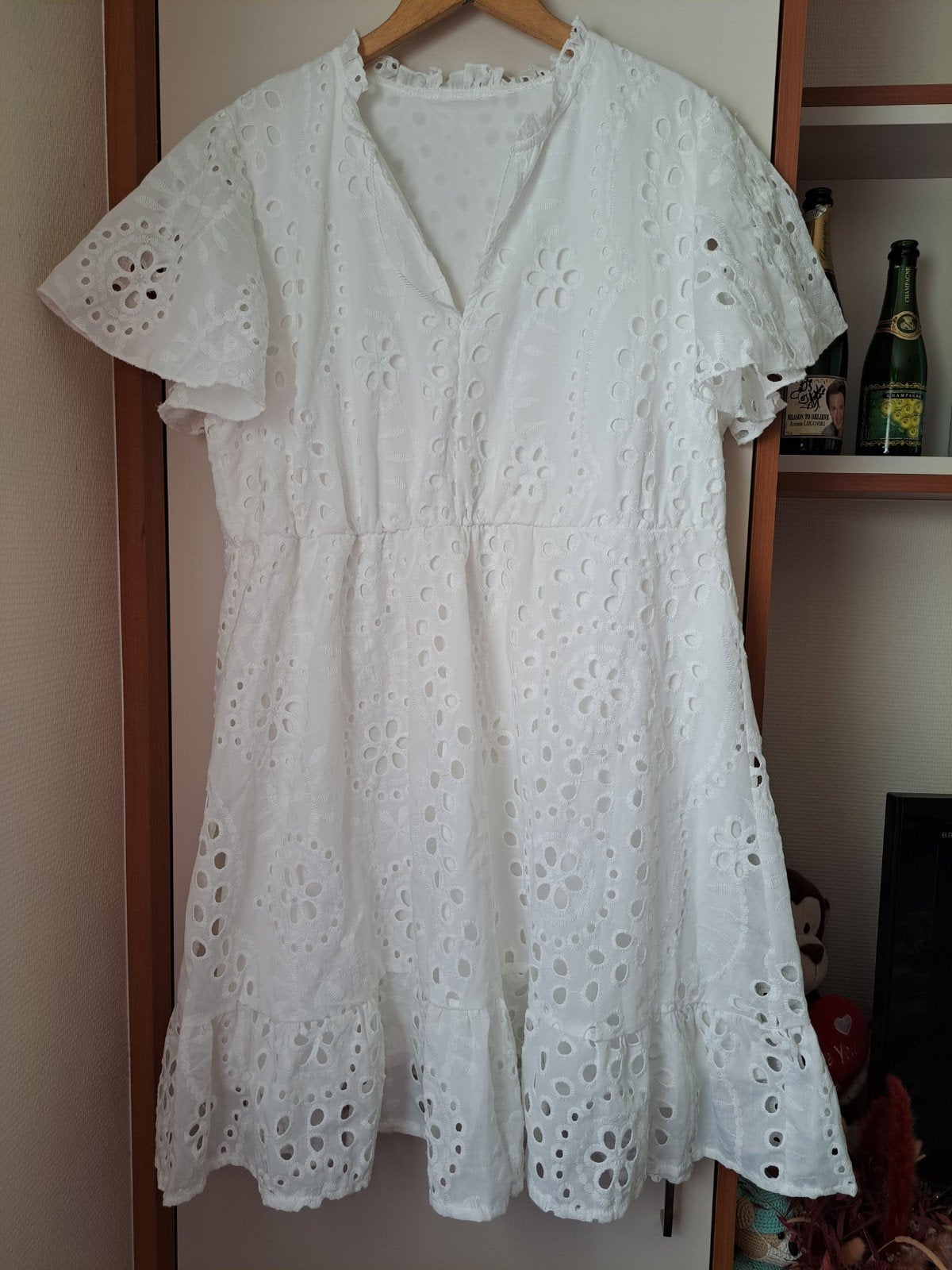 Witte zomerjurk met broderie, boho stijl, Wit, Maat 42/44 (L), Ophalen of Verzenden, Zo goed als nieuw
