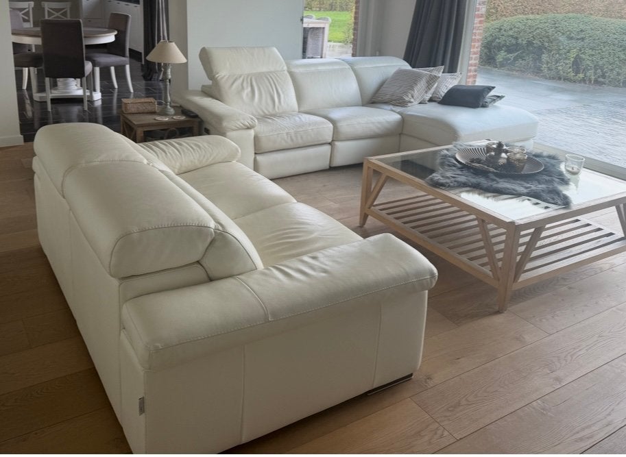 Wit lederen salon met electrische relax in 1 zetel van 3-zit, Ophalen, Gebruikt
