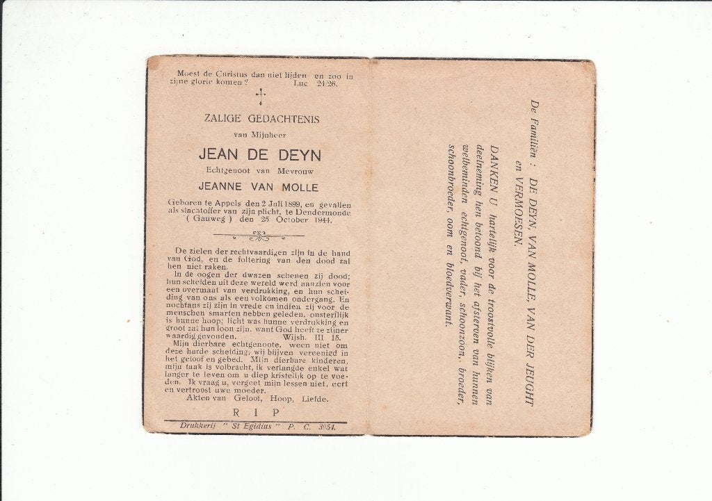 Slachtoffer WO II - Appels - gevallen te Dendermonde 1944, Verzamelen, Bidprentjes en Rouwkaarten, Verzenden, Bidprentje
