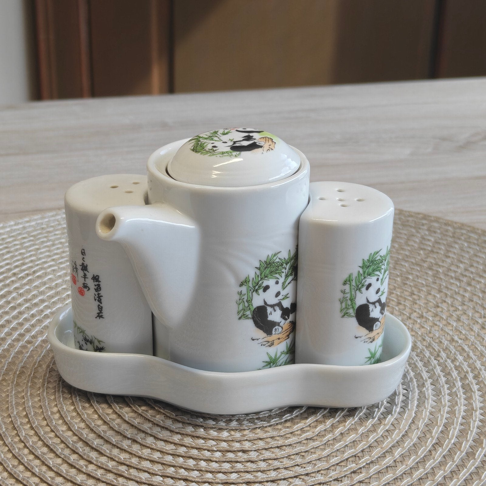 Chinese stijl peper en zoutstel met olie kannetje, Verzenden, Zo goed als nieuw