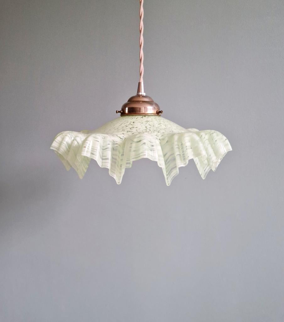 Suspension Art Déco en verre plissé moucheté vert et blanc, Enlèvement ou Envoi