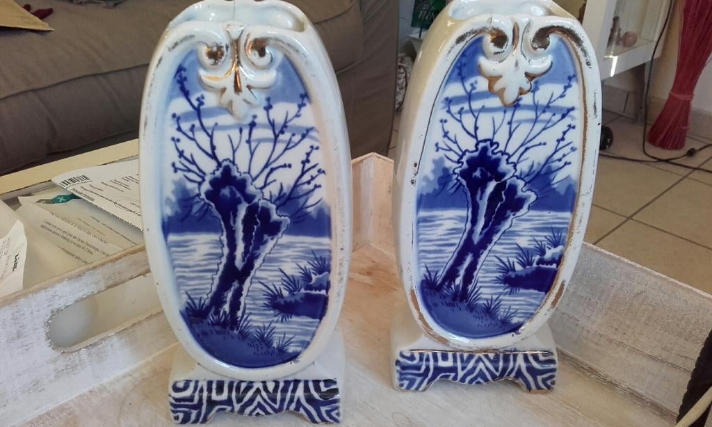 Lot : 2 anciens vases de cheminée - faïence Wasmuel, Enlèvement ou Envoi