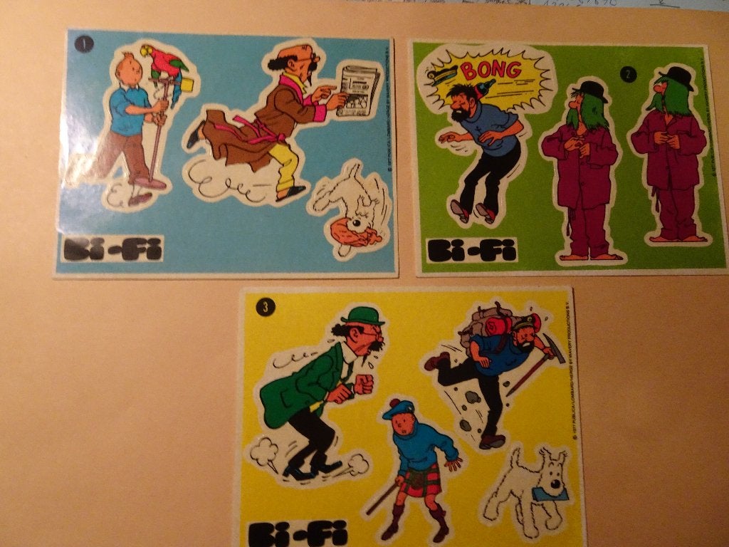 3 Autocollants Bi-Fi - Tintin, Collections, Enlèvement ou Envoi, Tintin, Comme neuf, Image, Affiche ou Autocollant