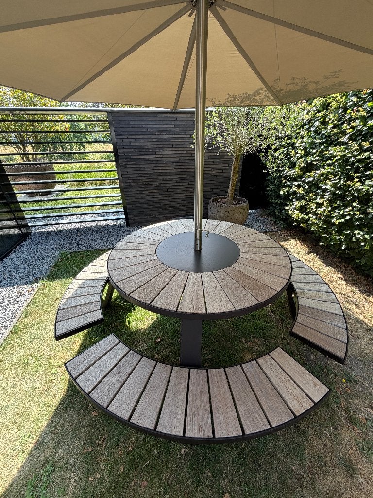 Extremis Pantagruel picknicktafel + grote Inumbra parasol, Enlèvement, Comme neuf, Rond, Aluminium