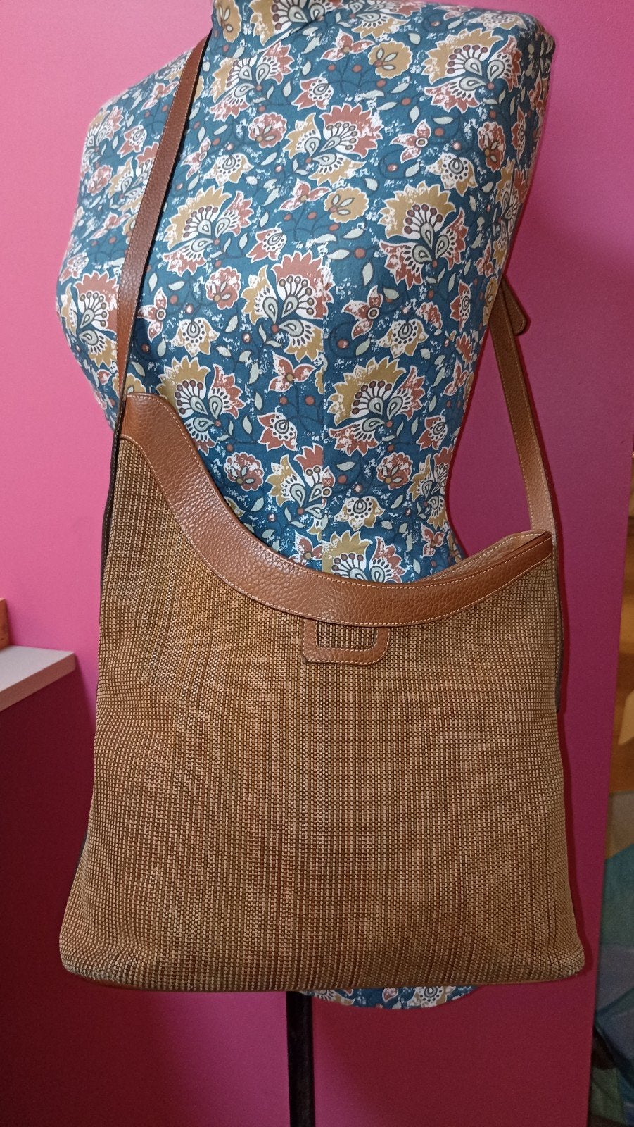 Sac Delvaux en cuir et toile tons bruns, Enlèvement ou Envoi, Utilisé, Brun, Sac à main
