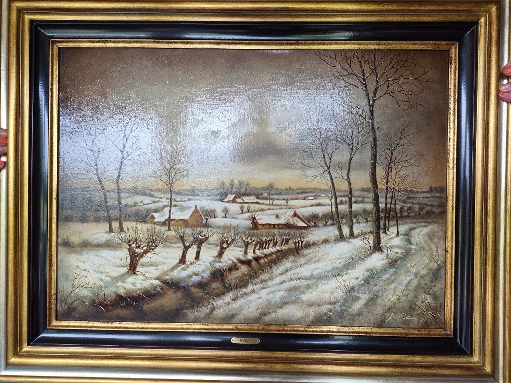 Schilderij Walter Billet – winterlandschap met hoeves, Ophalen