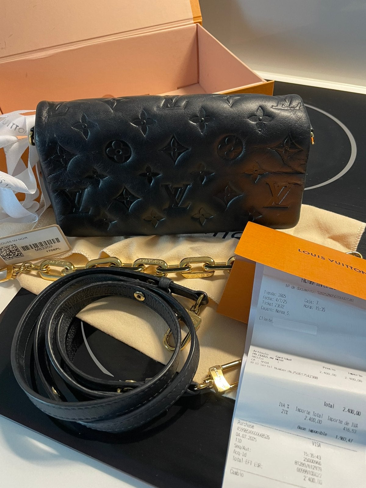Louis Vuitton zwarte coussin pochette met aankoopbon, Ophalen, Zo goed als nieuw, Zwart, Schoudertasje