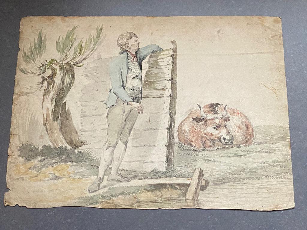 tekening knecht met koe XIXde eeuw inkt aquarel, Ophalen of Verzenden